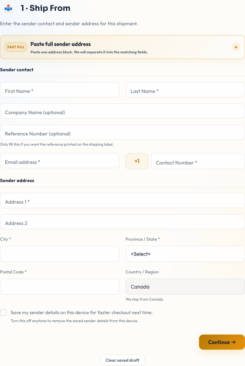 FY Express online quote form showing sender and recipient address entry