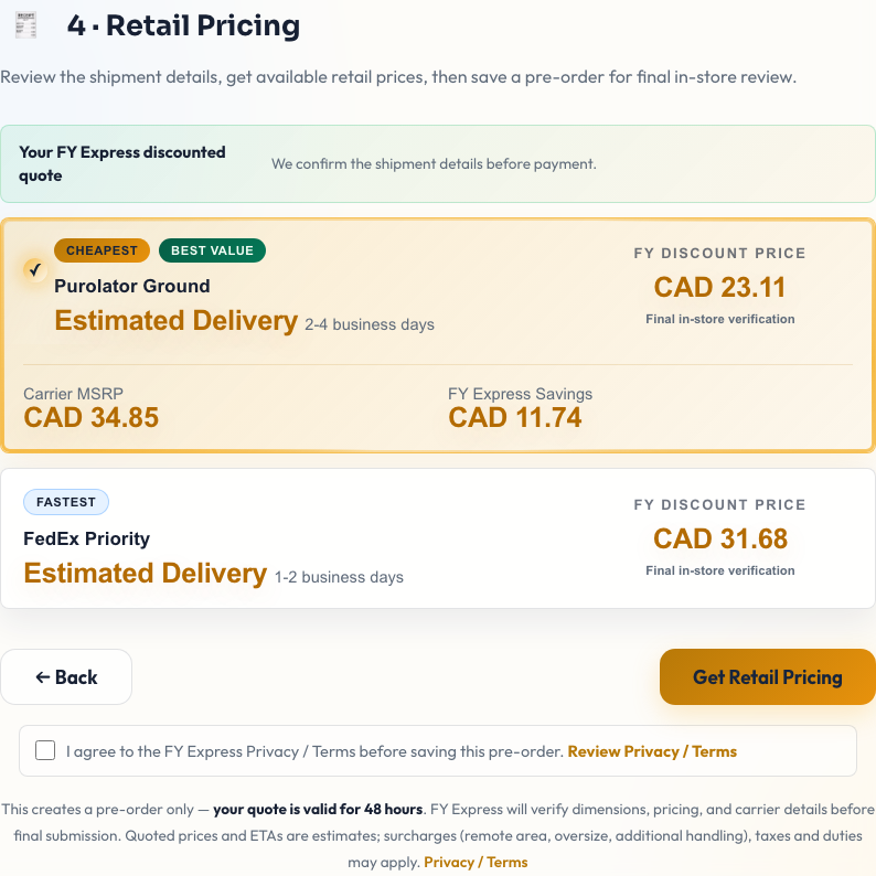 FY Express quote results comparing carrier MSRP, discount price, delivery estimate, and savings